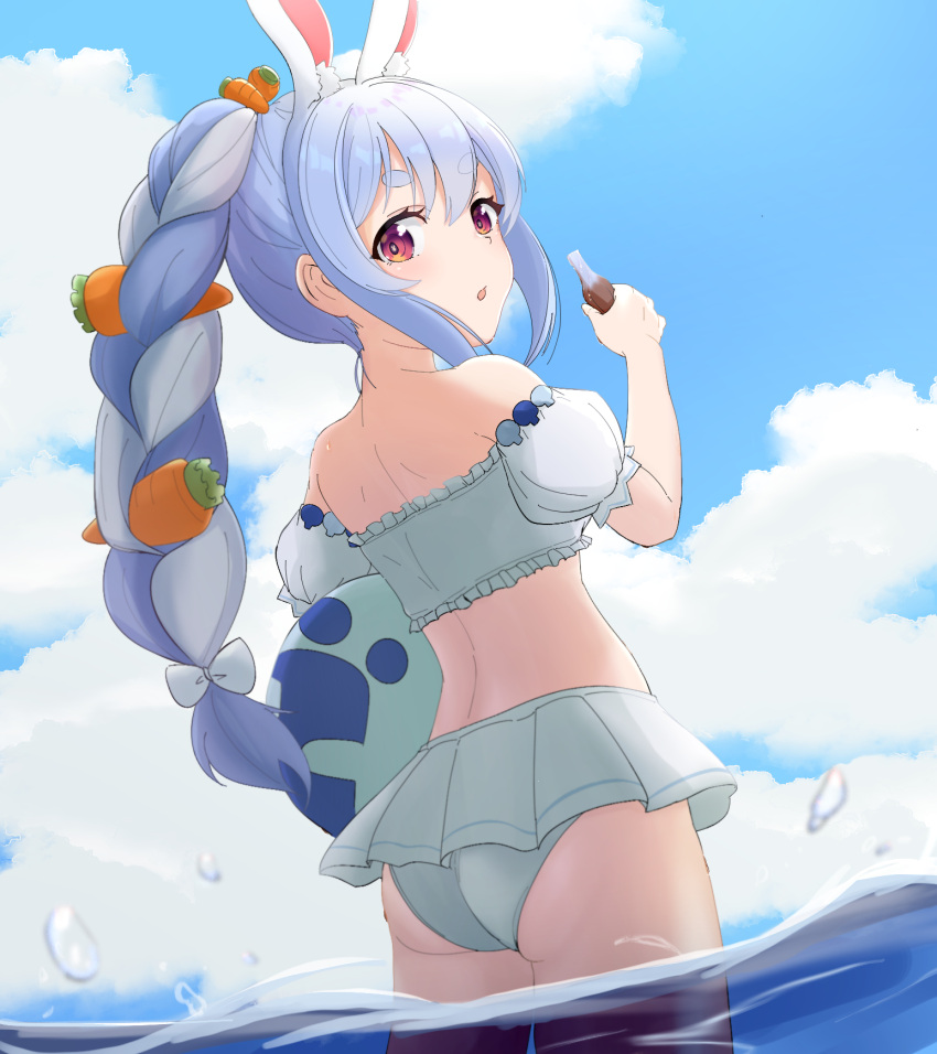 1girl, :o, animal_ear_fluff, animal_ears, ass, back, ball, bangs, beach, beachball, blue_hair, blurry, blurry_foreground, bottle, braid, bunny-shaped_pupils, carrot_hair_ornament, carrying_under_arm, clouds, cloudy_sky, commentary_request, cowboy_shot, day, depth_of_field, dutch_angle, extra_ears, eyebrows_visible_through_hair, food_themed_hair_ornament, frills, hair_between_eyes, hair_ornament, highres, holding, holding_ball, holding_bottle, hololive, long_hair, looking_at_viewer, looking_back, midriff, multicolored_hair, off_shoulder, orange_eyes, outdoors, partially_submerged, puffy_short_sleeves, puffy_sleeves, rabbit_ears, sankon_(choko-noki), short_sleeves, sidelocks, sky, solo, splashing, standing, swimsuit, twin_braids, twintails, two-tone_hair, usada_pekora, very_long_hair, virtual_youtuber, water, white_hair