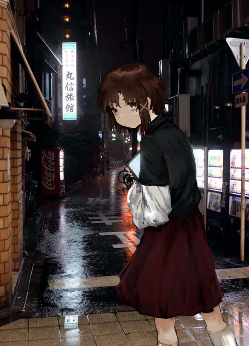 1girl, asymmetrical_hair, black_eyes, black_sweater, brown_hair, calf_socks, carrying, coca-cola, coldpizza, hair_ornament, highres, iwakura_lain, medium_hair, night, outdoors, photorealistic, rain, red_skirt, reflection, reflective_water, road_sign, serial_experiments_lain, sidelocks, sign, skirt, solo, sweater, vending_machine, white_legwear, x_hair_ornament