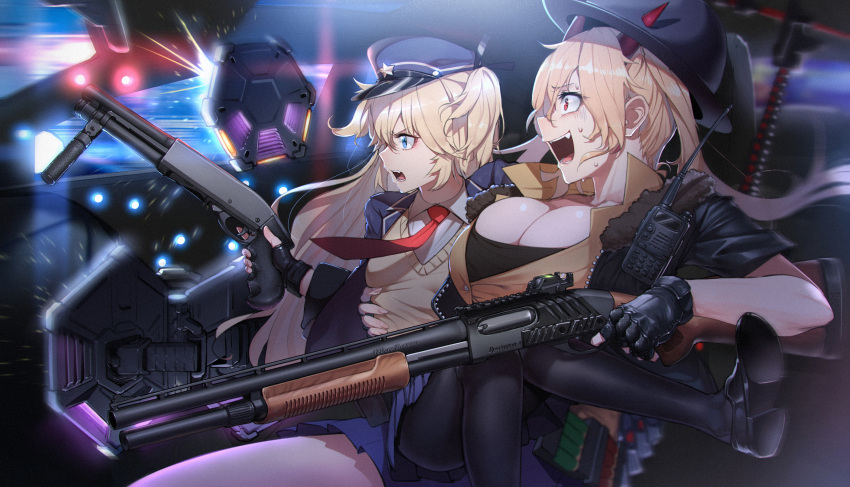 2girls, black_gloves, black_headwear, black_jacket, black_legwear, blonde_hair, blue_eyes, blue_headwear
