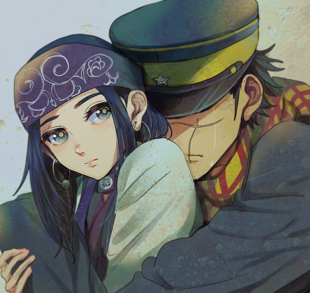 1boy, 1girl, ainu, ainu_clothes, asirpa, bandana, black_hair, blue_bandana