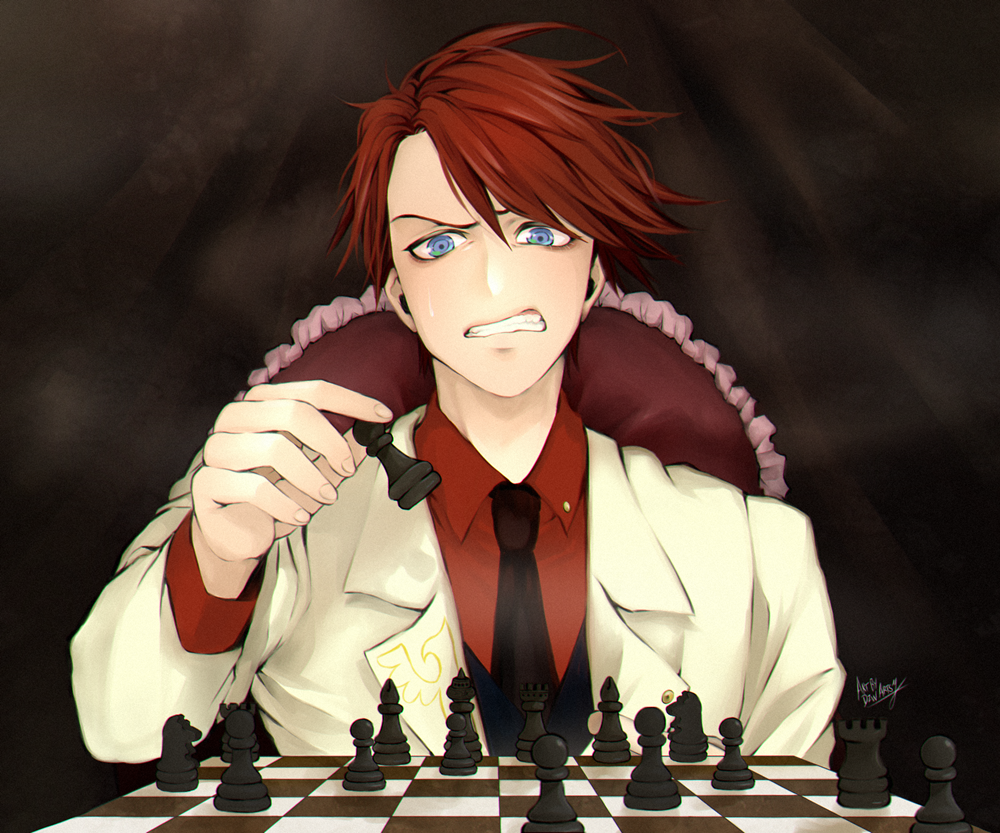 1boy, bishop_(chess), black_neckwear, blue_eyes, board_game, chess, chess_piece, chessboard