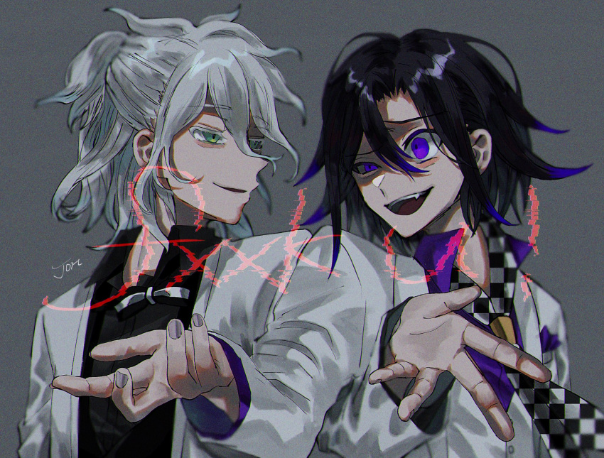 2boys, alternate_hairstyle, bangs, black_hair, black_shirt, checkered, dangan_ronpa_(series), dangan_ronpa_2:_goodbye_despair