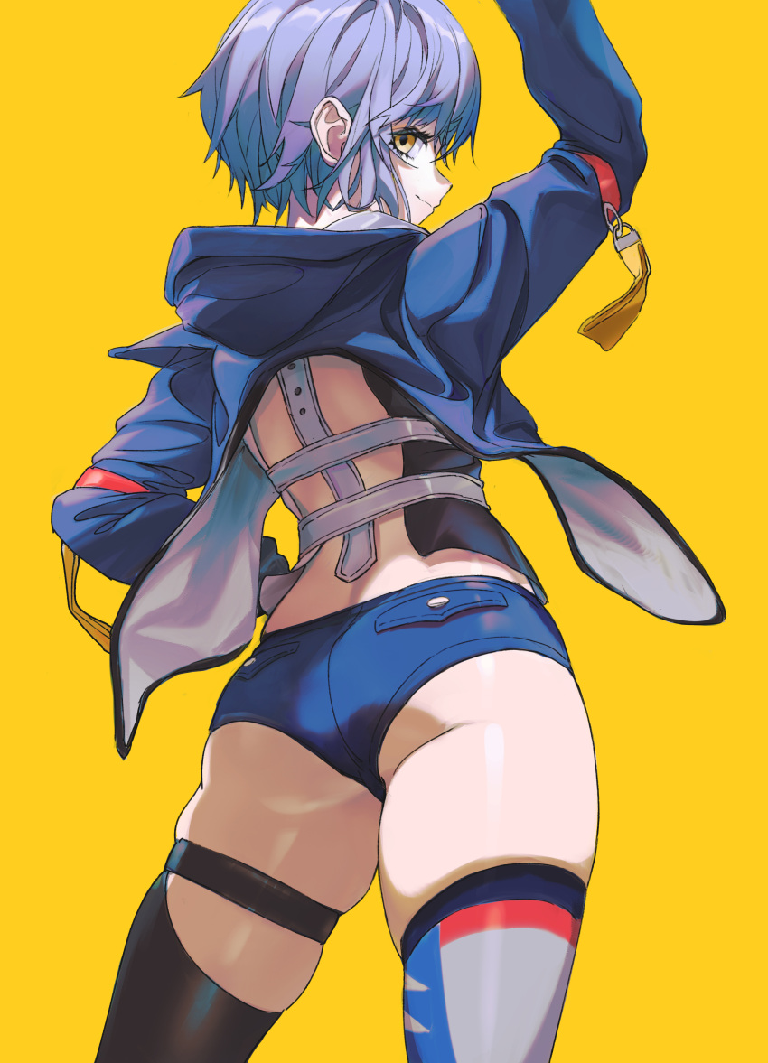 1girl, absurdres, arm_up, ass, backless_jacket, black_legwear, blue_jacket, closed_mouth, commentary_request, denim, denim_shorts, from_behind, g141, highres, hood, hood_down, hooded_jacket, jacket, looking_at_viewer, looking_back, mismatched_legwear, original, purple_hair, short_hair, short_shorts, shorts, simple_background, skindentation, solo, standing, thigh-highs, yellow_background, yellow_eyes