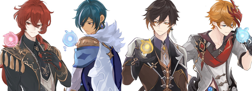 4boys, absurdres, bangs, black_hair, blue_hair, brown_hair, closed_mouth, dark_skin