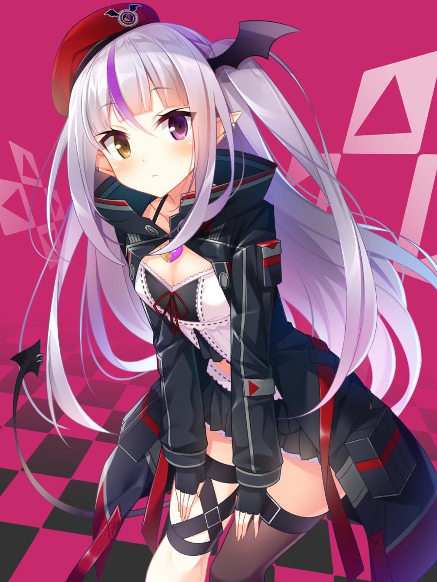 1girl, artist_request, bangs, demon_girl, hat, heterochromia, highres, long_hair