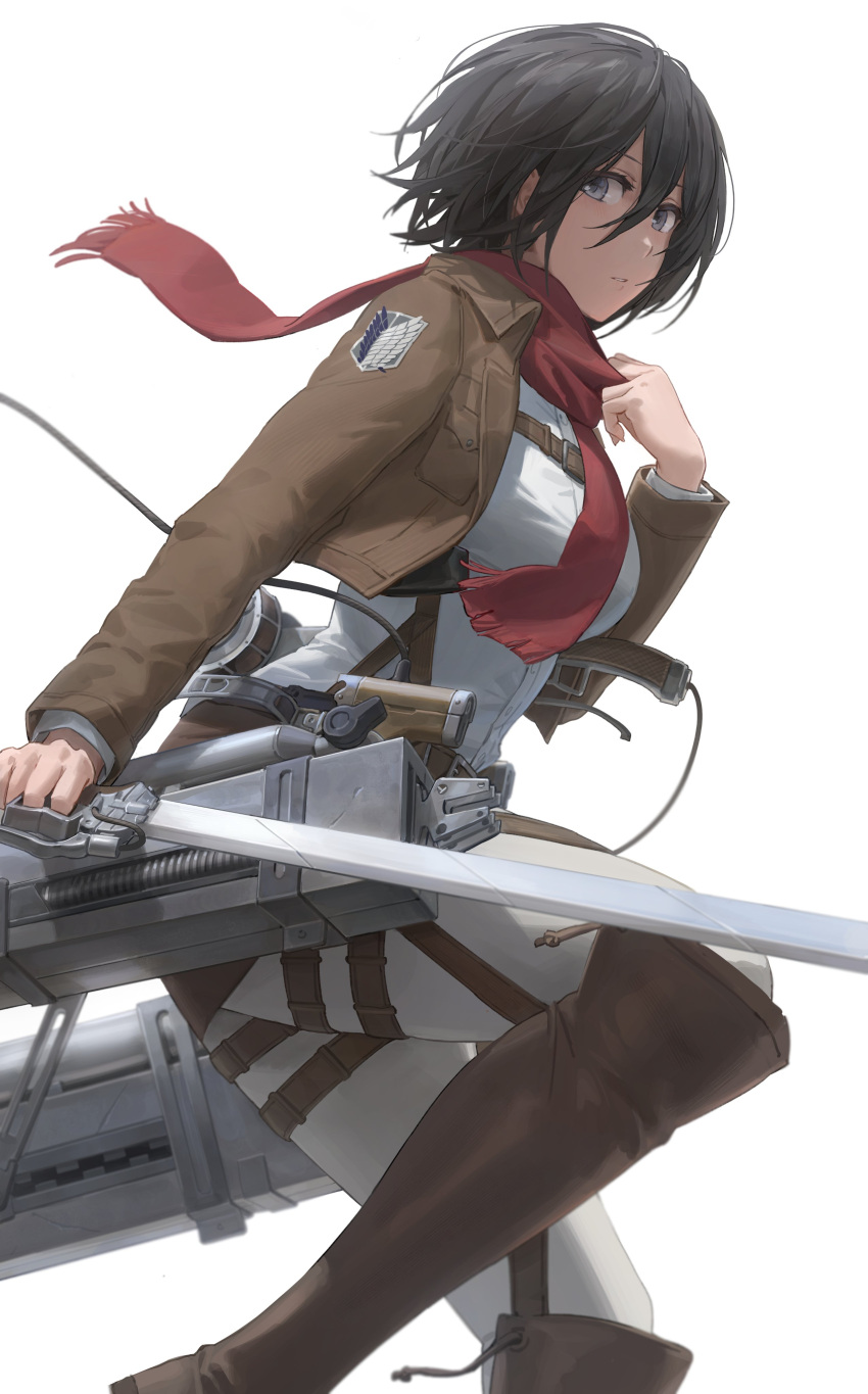 1girl, absurdres, bangs, black_hair, blue_eyes, boots, breasts, brown_footwear