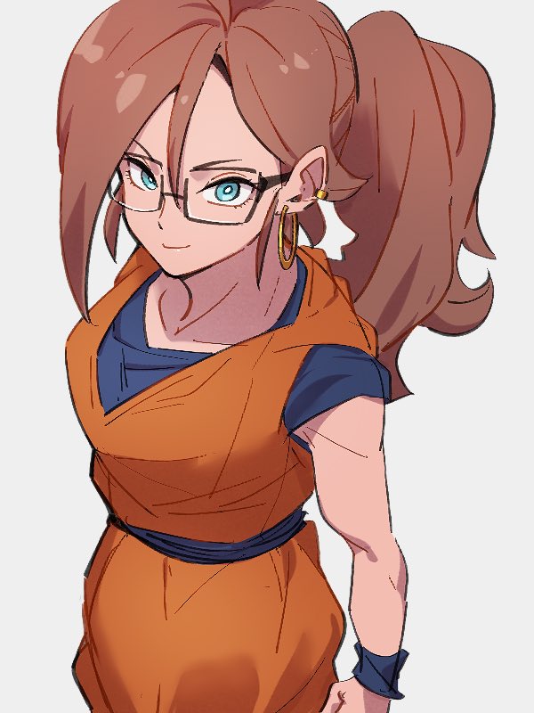 1girl, android_21, blue_eyes, closed_mouth, cosplay, dragon_ball, dragon_ball_fighterz, earrings