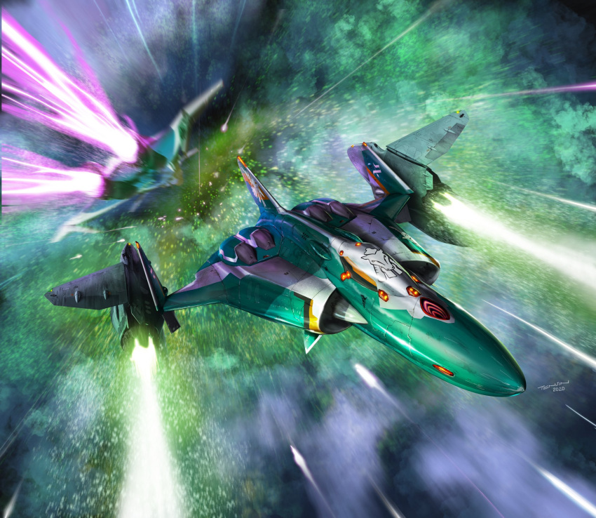 aircraft, airplane, fighter_jet, firing, flying, highres, jet, laser
