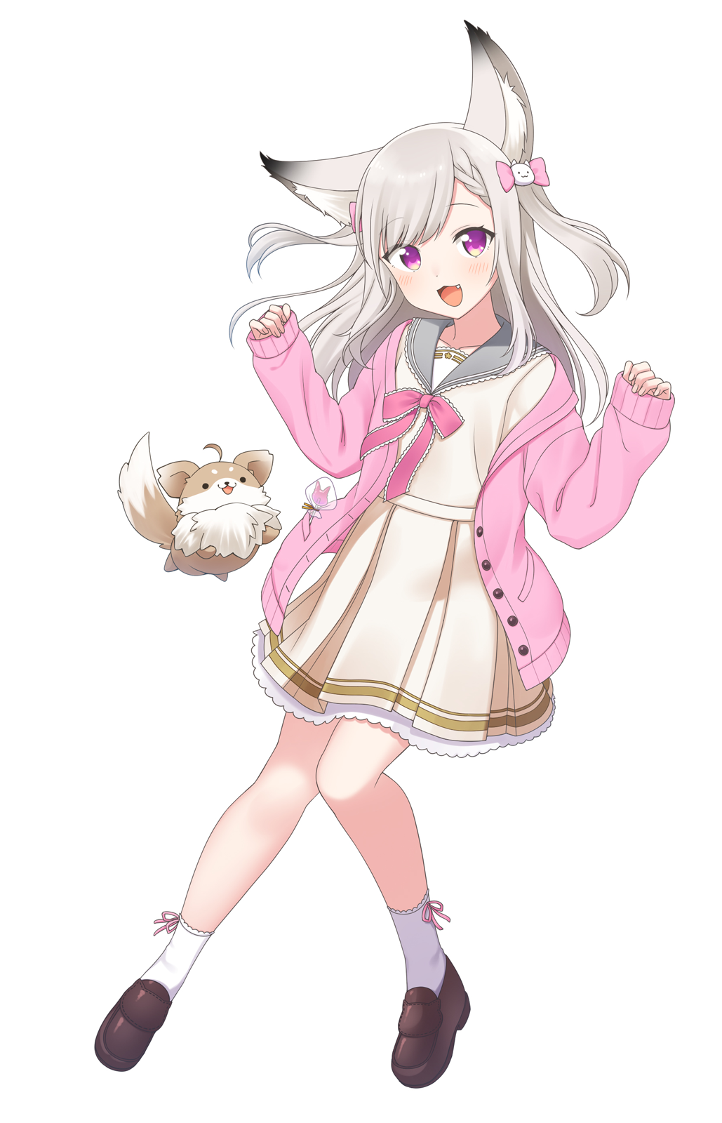 1girl, animal_ears, animare, blush, commentary_request, fang, fox_ears, full_body