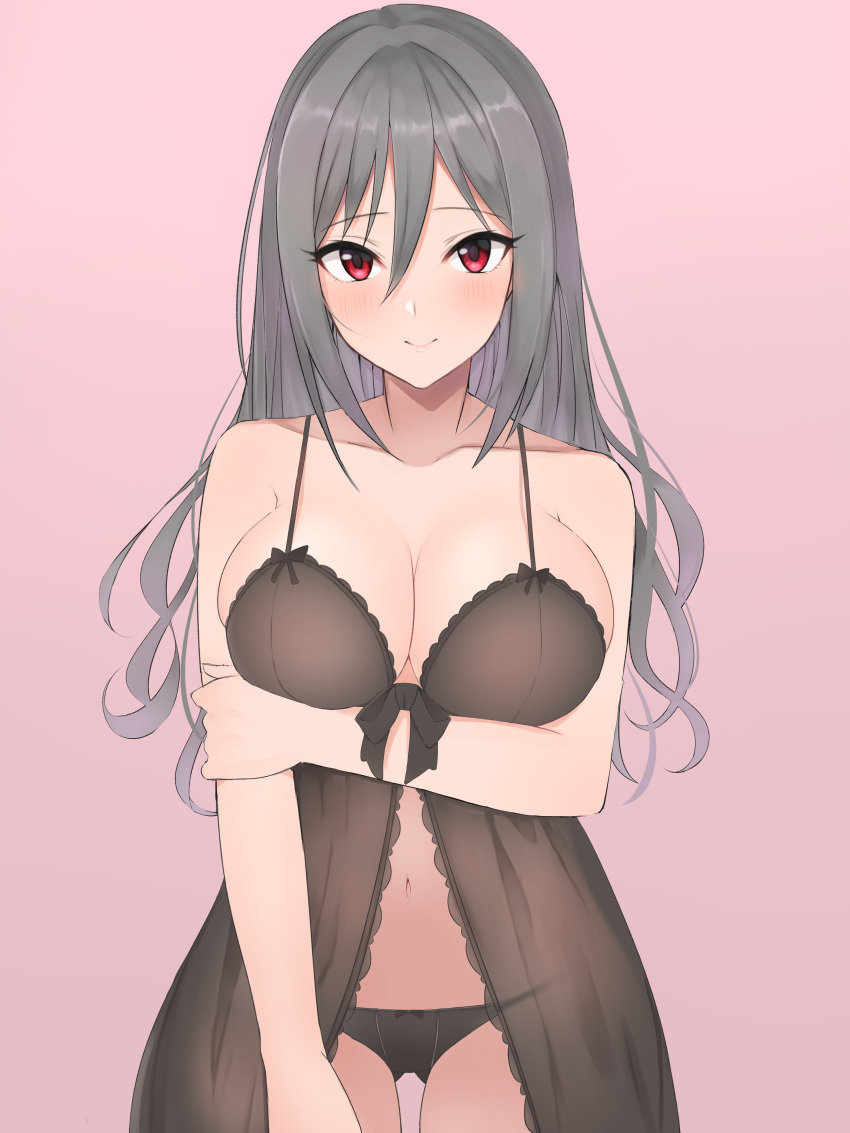 1girl, absurdres, alternate_hairstyle, argule0901, arm_under_breasts, blush, breasts, hair_down, highres, idolmaster, idolmaster_cinderella_girls, kanzaki_ranko, lingerie, long_hair, looking_at_viewer, navel, nightgown, panties, red_eyes, ribbon, see-through, simple_background, smile, tsurime, underwear