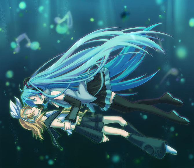 blonde_hair, detached_sleeves, green_eyes, green_hair, hatsune_miku, kagamine_rin, long_hair, mimana, necktie, secret, short_hair, shorts, skirt, thigh-highs, thighhighs, twintails, underwater, vocaloid, water