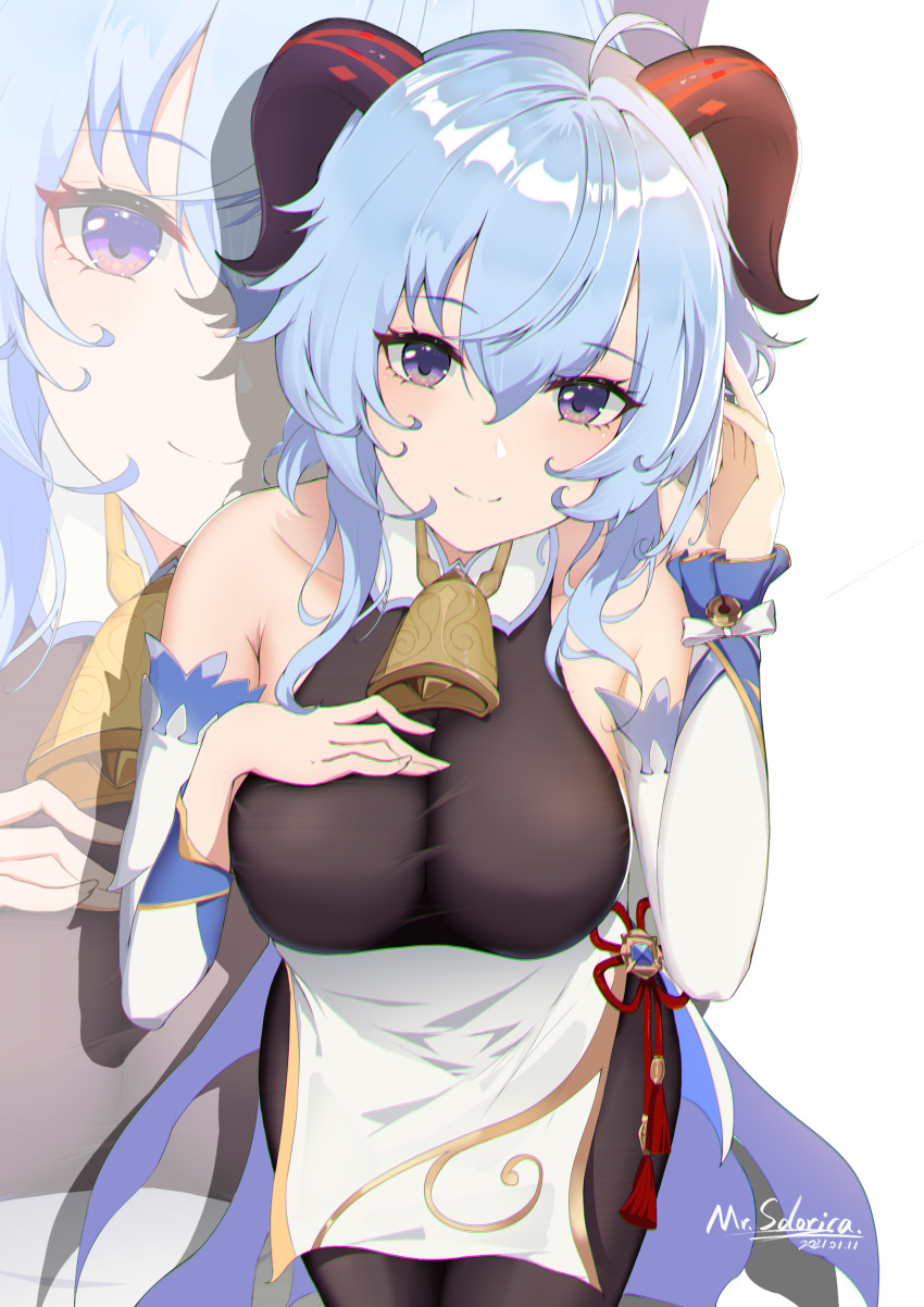 1girl, absurdres, artist_name, bare_shoulders, bell, blue_hair, breasts, cowbell