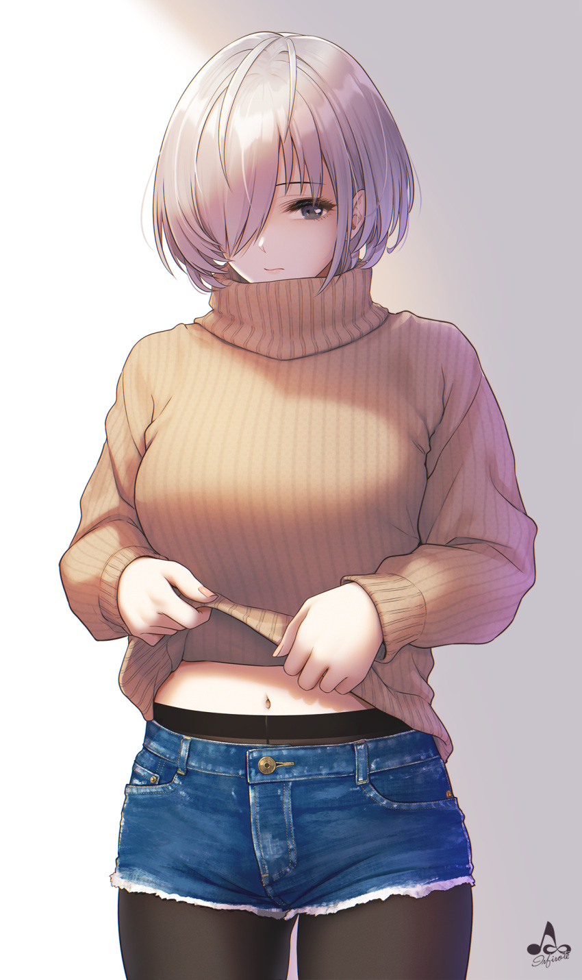 1girl, artist_logo, bangs, black_legwear, breasts, brown_sweater, closed_mouth, clothes_lift