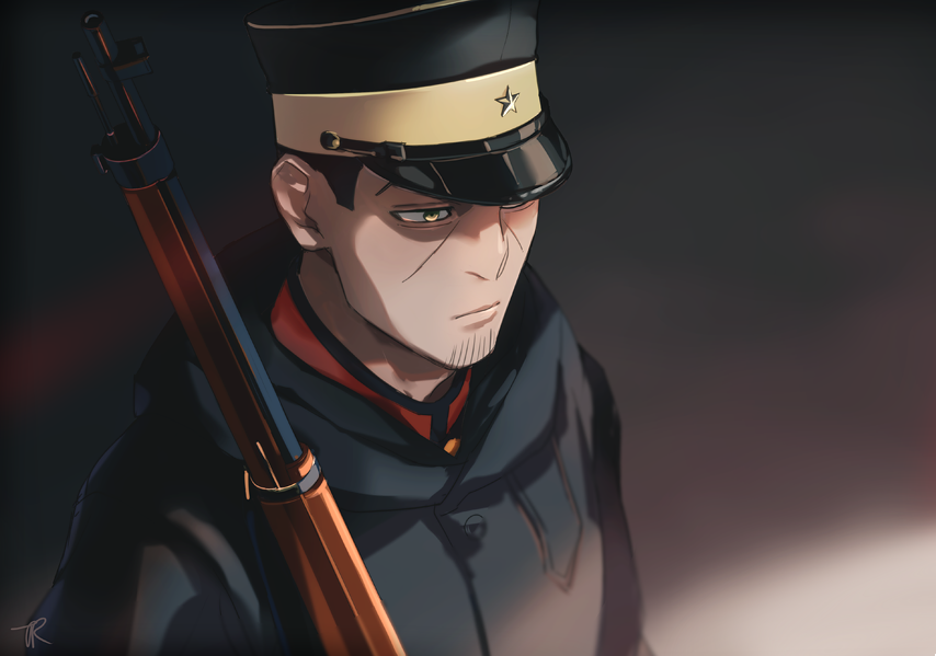 1boy, arisaka, black_eyes, black_hair, black_headwear, bolt_action, buttons, closed_mouth, coat, collar, collared_jacket, commentary_request, facial_hair, from_above, from_side, golden_kamuy, gun, hat, holding, holding_gun, holding_weapon, hood, hood_down, hooded_coat, imperial_japanese_army, kepi, lips, long_sleeves, looking_away, male_focus, military, military_hat, military_uniform, rifle, short_hair, signature, solo, star_(symbol), stubble, tr_(lauralauraluara), tsukishima_hajime, two-tone_headwear, uniform, upper_body, weapon, yellow_headwear