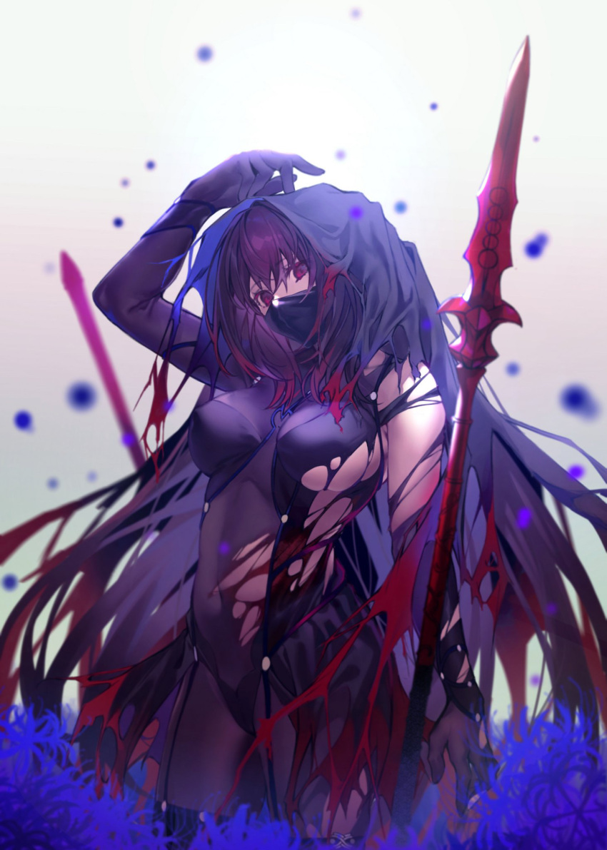 1girl, arm_up, bodysuit, breasts, covered_navel, fate/grand_order, fate_(series), flower