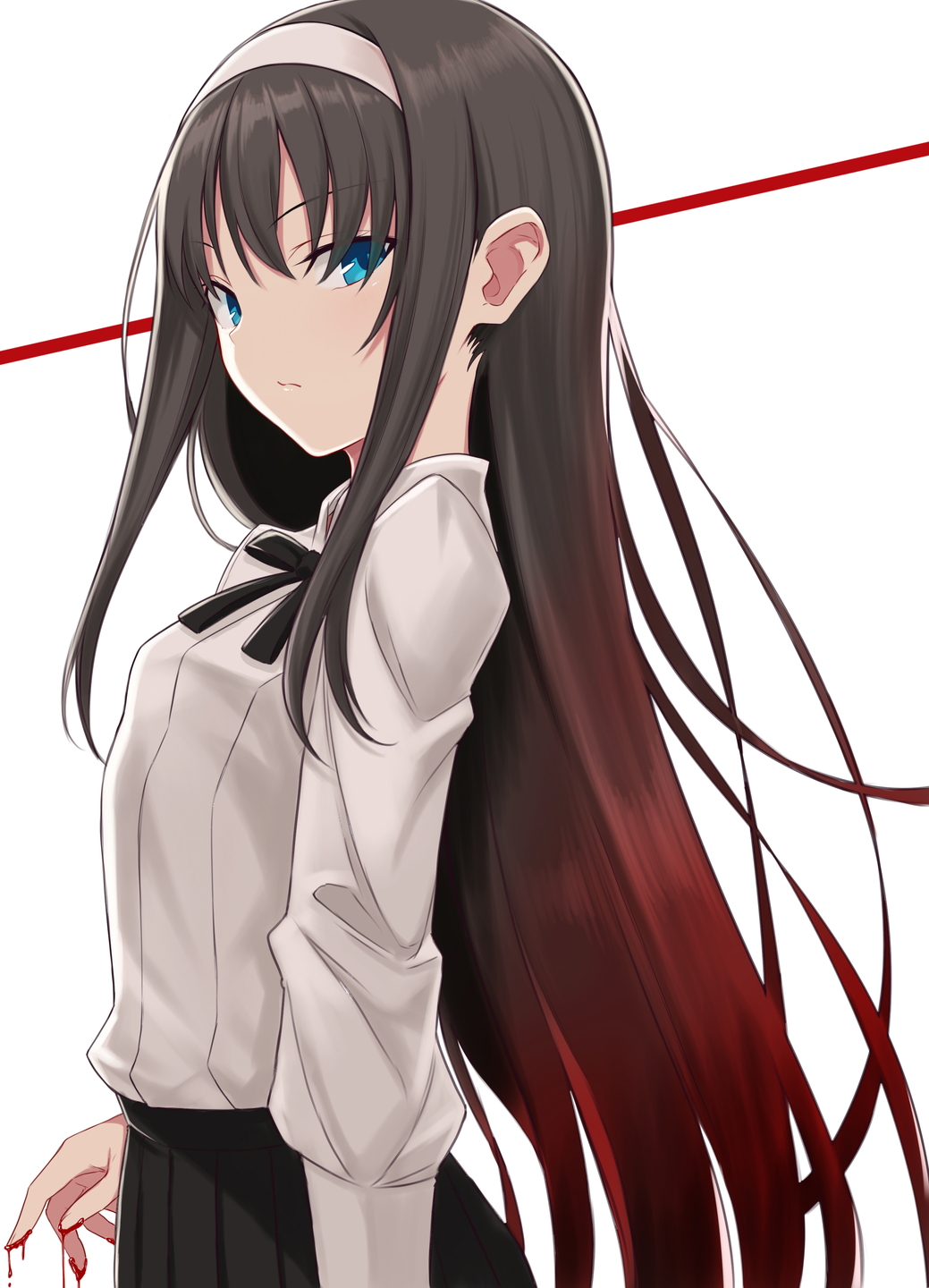 1girl, bangs, black_hair, black_skirt, blood, bloody_hands, blue_eyes, breasts