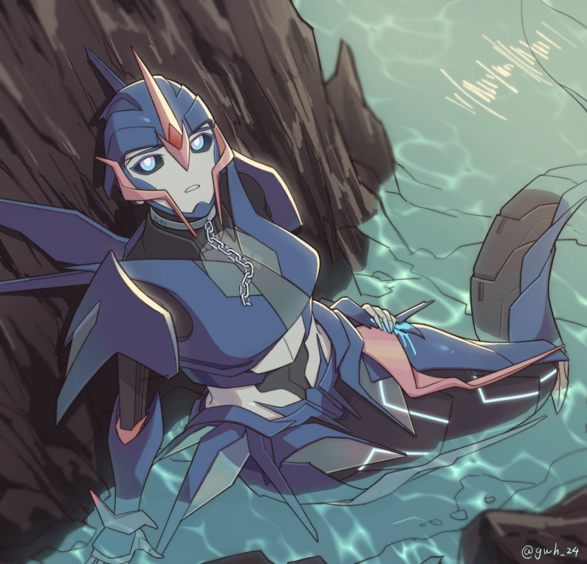 1girl, arcee, black_sclera, blue_eyes, broken, broken_chain, chain, chinese_commentary, collar, colored_sclera, highres, jijing5658, looking_up, mecha, mermaid, monster_girl, monsterification, no_humans, parted_lips, solo, transformers, transformers_prime, twitter_username, water