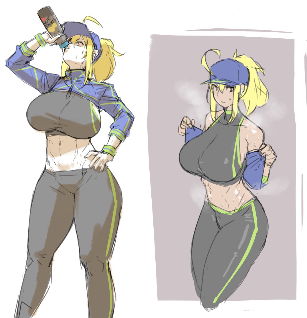 1girl, ahoge, airpods, artoria_pendragon_(all), black_pants, black_sports_bra, blonde_hair, bottle, breasts, cropped_legs, drinking, earphones, eu03, fate/grand_order, fate_(series), hair_through_headwear, hot, huge_ahoge, huge_breasts, long_hair, mysterious_heroine_x, navel, pants, ponytail, shrug_(clothing), sidelocks, solo, sports_bra, sweat, sweatband, thick_thighs, thighs, undressing, water_bottle, wireless_earphones, wristband, yoga_pants