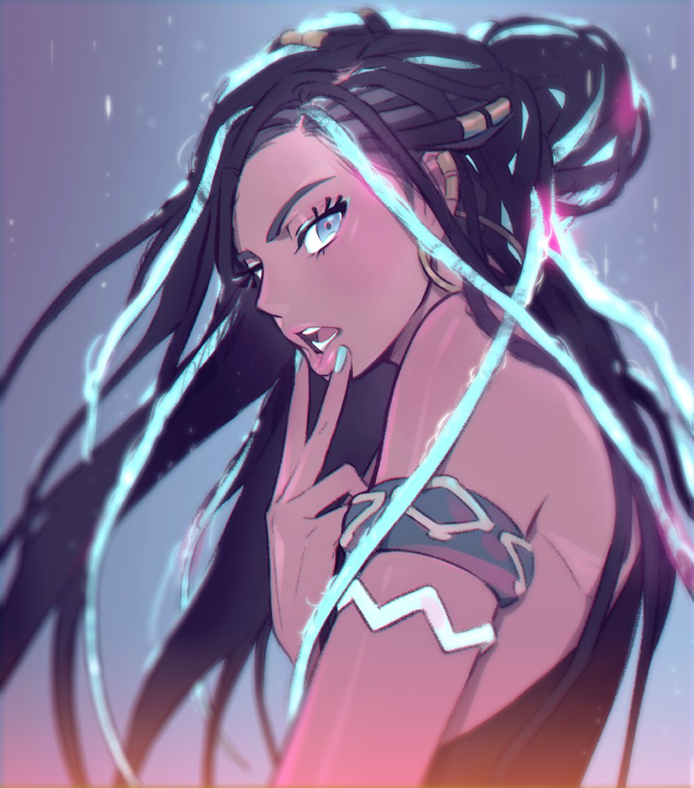 1girl, armlet, black_hair, commentary_request, dark_skin, dark-skinned_female, earrings, eyelashes