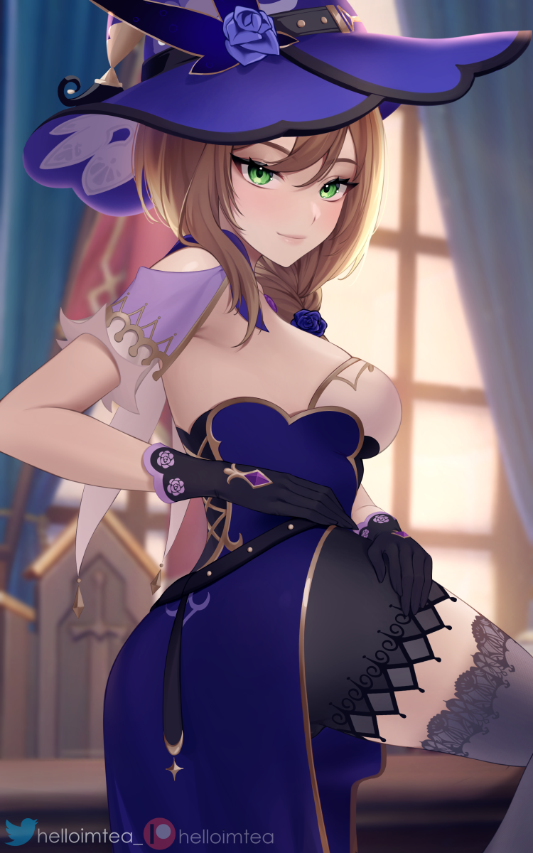 1girl, ass, bangs, belt, black_gloves, black_legwear, black_skirt, blue_dress