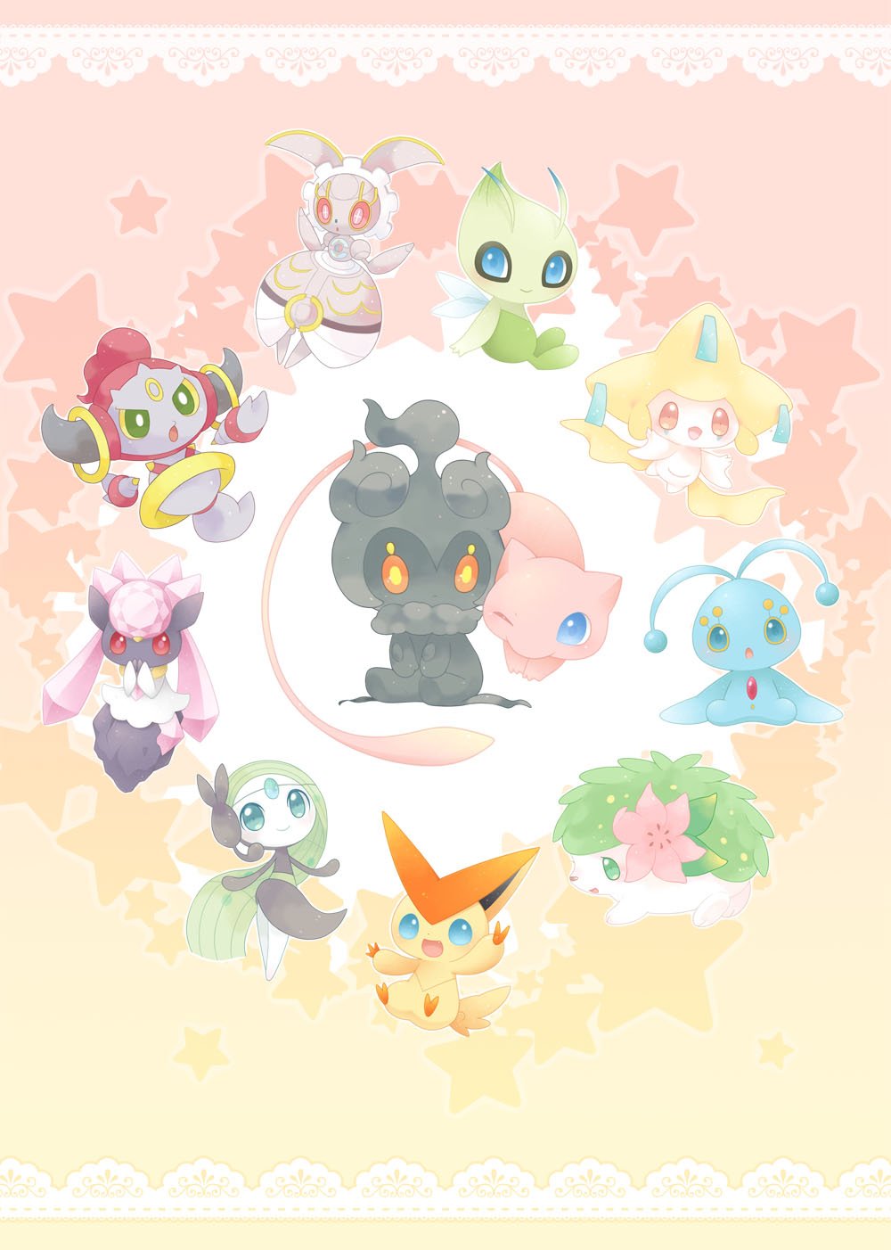 :d, :o, blue_eyes, celebi, closed_mouth, commentary_request, diancie, floating