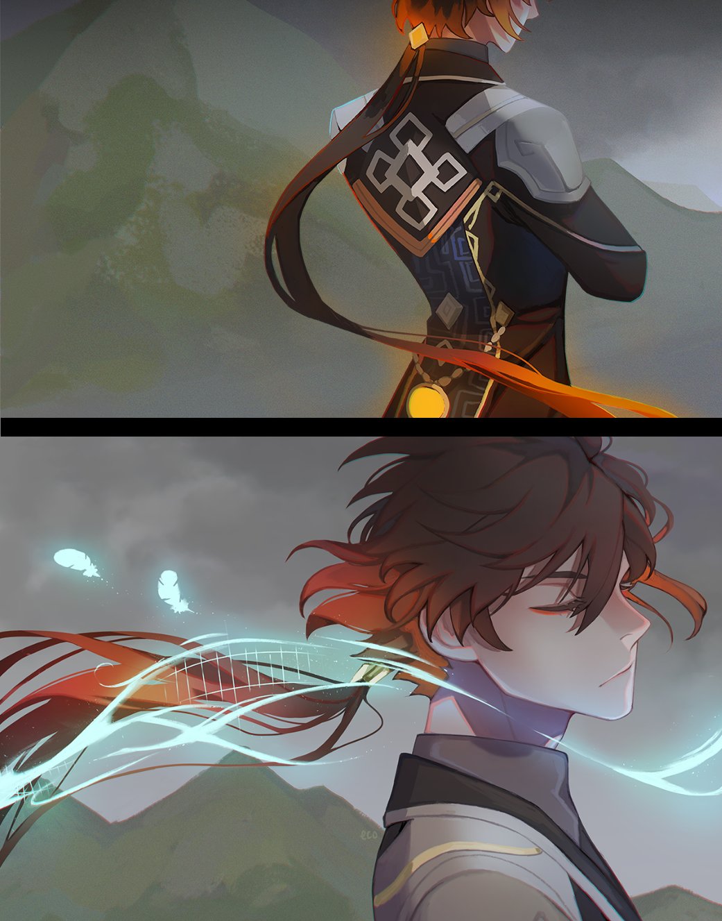1boy, bangs, black_hair, brown_hair, closed_eyes, closed_mouth, ecoplasma, feathers