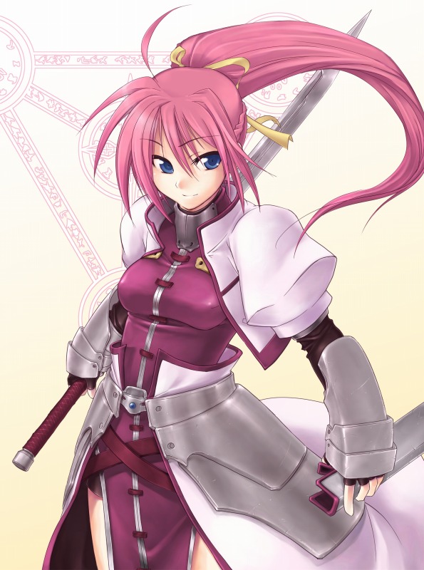 blue_eyes, levantine, magic_circle, mahou_shoujo_lyrical_nanoha, mahou_shoujo_lyrical_nanoha_a's, mahou_shoujo_lyrical_nanoha_a's, mahou_shoujo_lyrical_nanoha_strikers, pink_hair, ponytail, signum, sword, weapon, yuzun