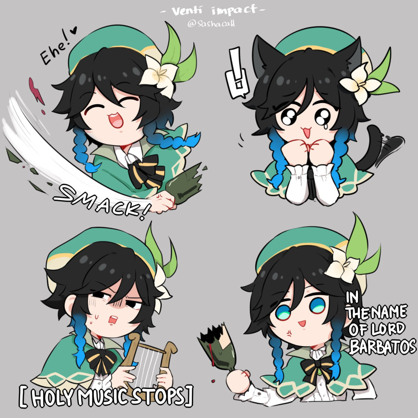 !, 1boy, anger_vein, animal_ears, bangs, black_hair, blue_eyes, blue_hair