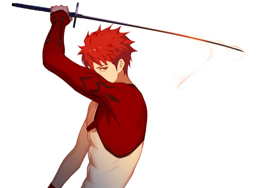 1boy, emiya_shirou, fate/grand_order, fate_(series), from_side, holding, holding_sword, holding_weapon
