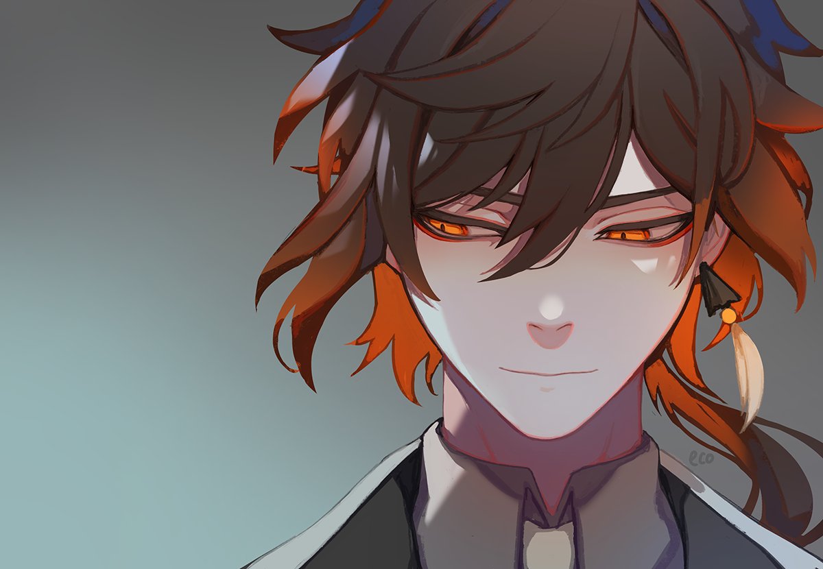 1boy, bangs, black_hair, brown_hair, close-up, closed_mouth, collar, earrings, ecoplasma, genshin_impact, grey_background, hair_between_eyes, jewelry, long_hair, looking_to_the_side, male_focus, multicolored_hair, ponytail, simple_background, single_earring, solo, tassel, tassel_earrings, yellow_eyes, zhongli_(genshin_impact)