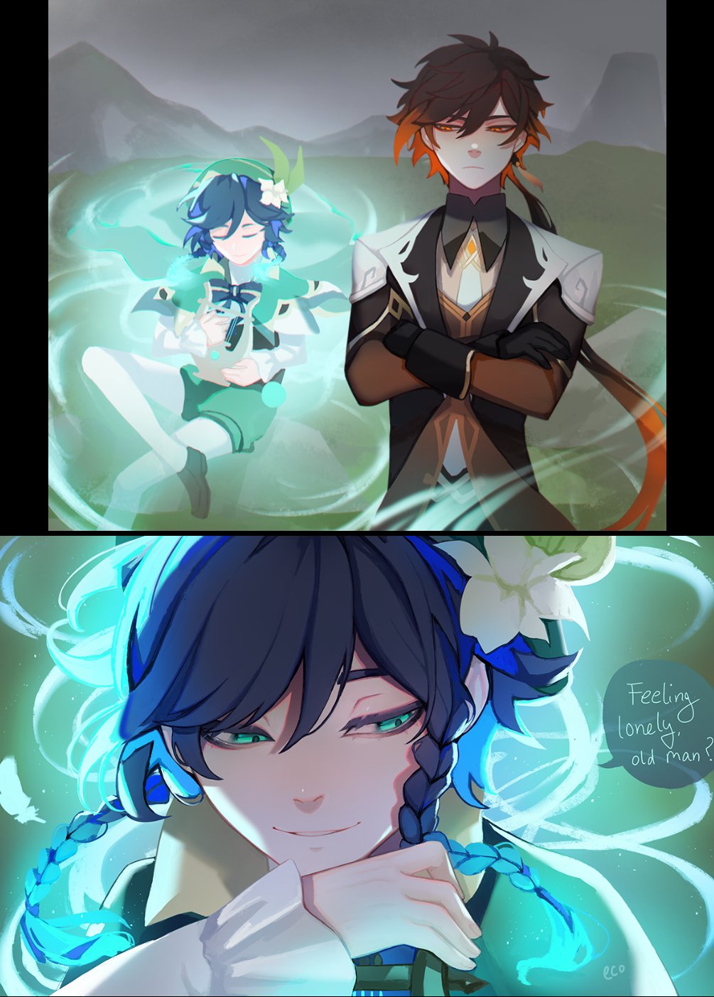 2boys, bangs, black_gloves, black_hair, blue_hair, bow, braid, brown_hair