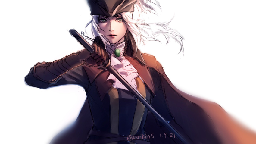 1girl, ascot, asrikins, bloodborne, cape, coat, cravat, gem