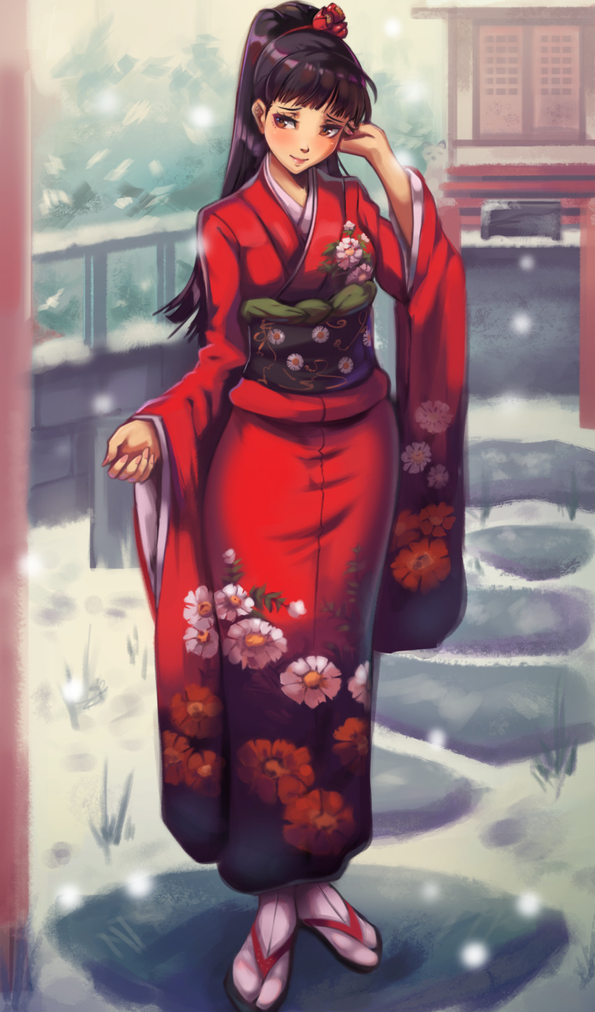 1girl, absurdres, amagi_yukiko, black_hair, blush, brown_eyes, closed_mouth, day