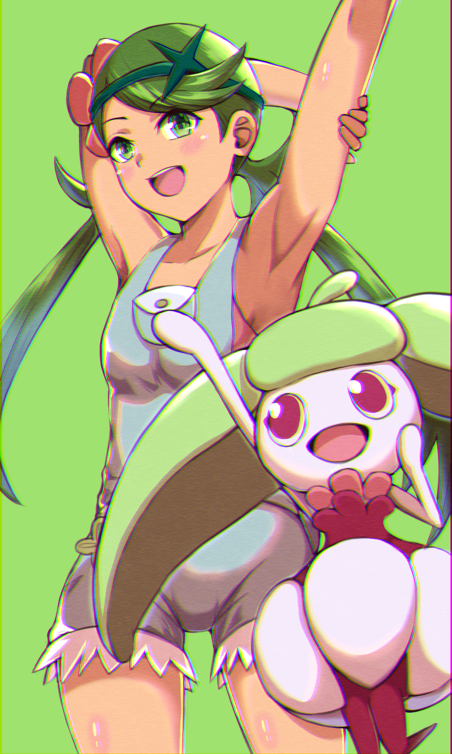 1girl, :d, arm_behind_back, armpits, arms_up, asada_yo, bangs, blush, collarbone, cowboy_shot, gen_7_pokemon, green_background, green_eyes, green_hair, grey_shirt, grey_shorts, highres, long_hair, looking_at_viewer, mallow_(pokemon), open_mouth, pokemon, pokemon_(anime), pokemon_(creature), pokemon_sm_(anime), shiny, shiny_skin, shirt, short_shorts, shorts, simple_background, sleeveless, sleeveless_shirt, smile, solo, standing, steenee, swept_bangs, twintails