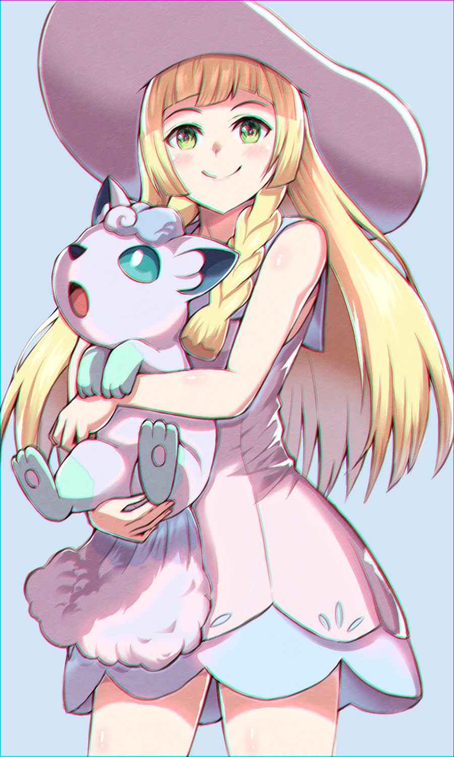 1girl, alolan_form, asada_yo, blonde_hair, blue_sailor_collar, braid, closed_mouth, cowboy_shot, dress, gen_1_pokemon, green_eyes, hat, highres, holding, holding_pokemon, lillie_(pokemon), long_hair, looking_at_viewer, pokemon, pokemon_(anime), pokemon_(creature), pokemon_sm_(anime), sailor_collar, sailor_dress, short_dress, single_braid, sleeveless, sleeveless_dress, smile, solo, standing, sun_hat, vulpix, white_dress, white_headwear