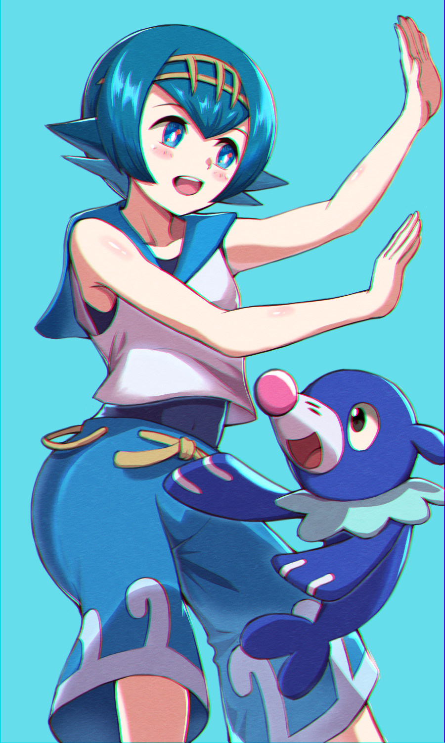 1girl, :d, asada_yo, bangs, blue_background, blue_eyes, blue_hair, blue_pants, blue_sailor_collar, blush, collared_shirt, gen_7_pokemon, hair_between_eyes, hairband, highres, lana_(pokemon), open_mouth, pants, pokemon, pokemon_(anime), pokemon_(creature), pokemon_sm_(anime), popplio, sailor_collar, sailor_shirt, shiny, shiny_hair, shiny_skin, shirt, short_hair, simple_background, sleeveless, sleeveless_shirt, smile, solo, standing, starter_pokemon, white_shirt