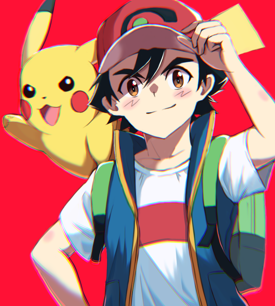 1boy, arm_up, asada_yo, ash_ketchum, bangs, baseball_cap, black_hair, blue_jacket