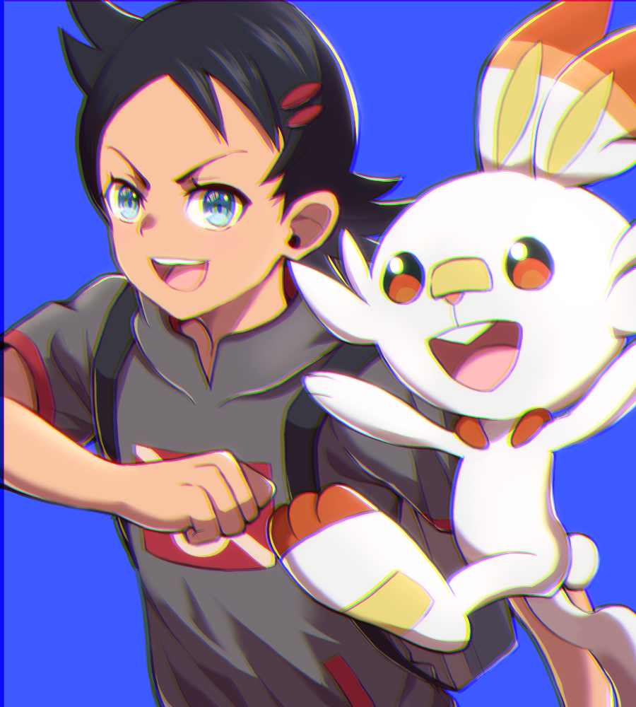 1boy, :d, asada_yo, black_hair, blue_background, blue_eyes, gen_8_pokemon, goh_(pokemon)