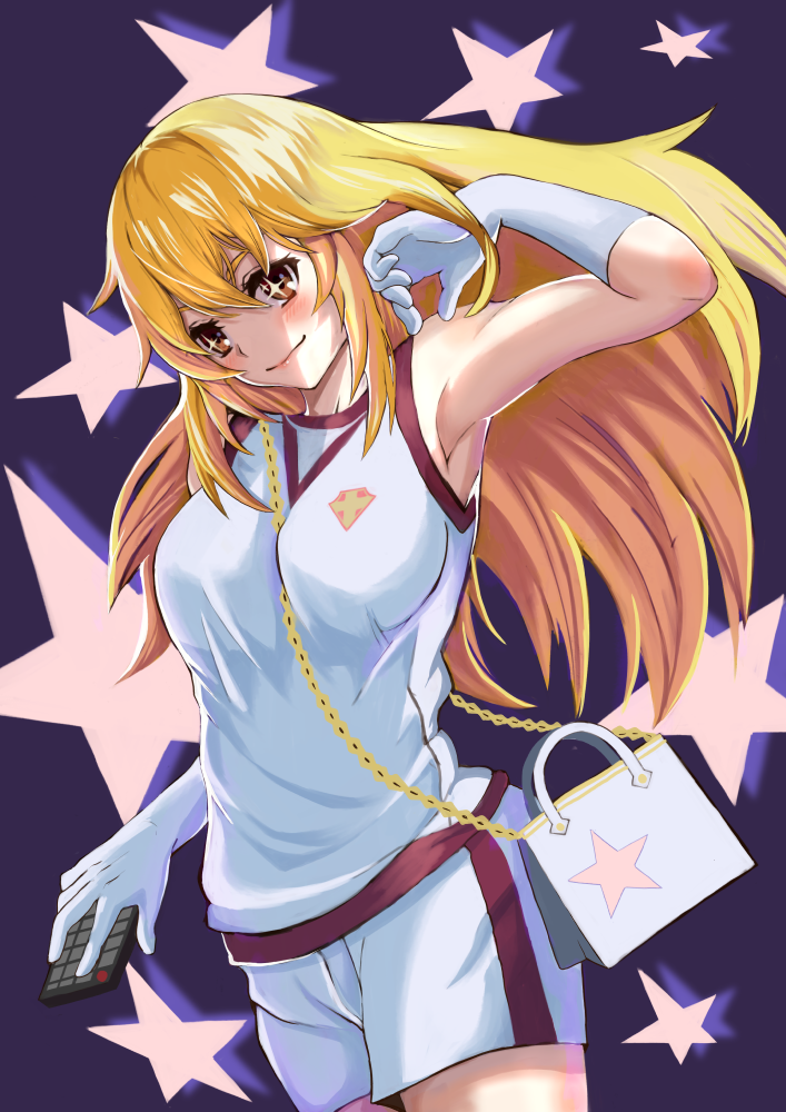 +_+, 1girl, asada_yo, bag, between_breasts, blonde_hair, breasts, brown_eyes