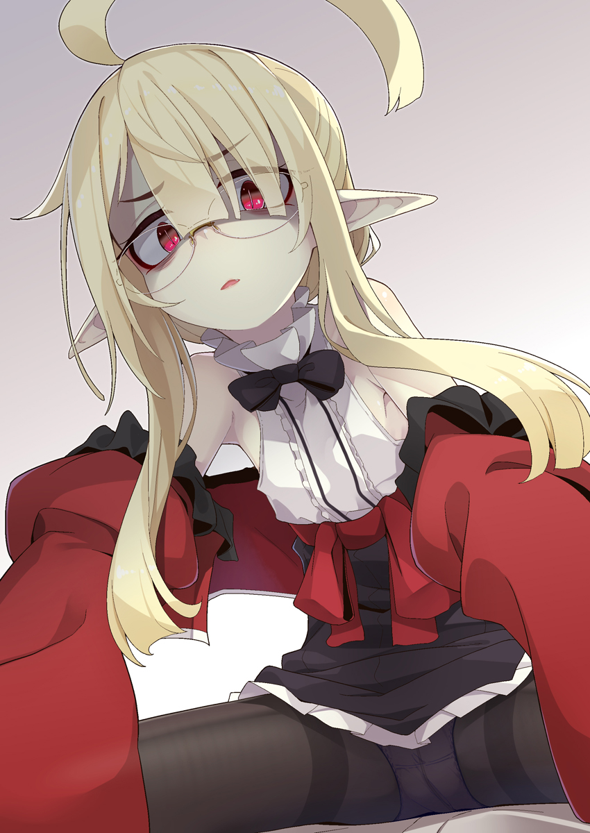 1girl, ahoge, airi_(ogami_kazuki), black_legwear, black_neckwear, black_skirt, blonde_hair, bow, bowtie, commentary_request, eyebrows_visible_through_hair, fang, glasses, high-waist_skirt, highres, huge_ahoge, jacket, looking_at_viewer, off_shoulder, ogami_kazuki, original, panties, panties_under_pantyhose, pantyhose, pointy_ears, pov, red_eyes, red_jacket, shaded_face, sidelocks, skirt, sleeveless, slit_pupils, solo_focus, thighband_pantyhose, underwear