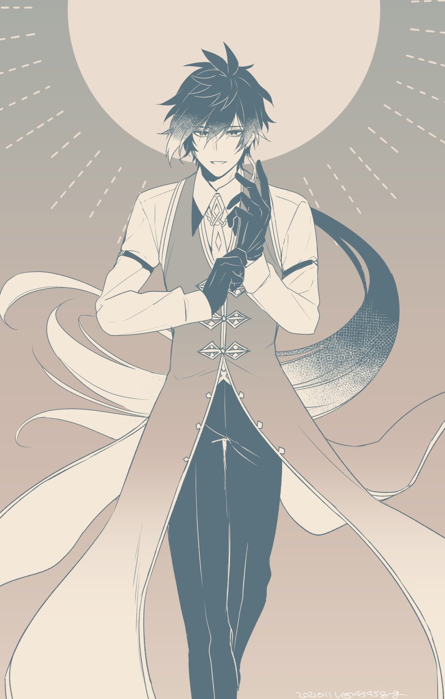 1boy, 4s4s8_g, bangs, black_gloves, black_hair, earrings, formal, genshin_impact, glove_pull, gloves, greyscale, hair_between_eyes, highres, jewelry, long_hair, long_pants, long_sleeves, looking_at_viewer, male_focus, monochrome, multicolored_hair, open_mouth, pants, ponytail, simple_background, single_earring, solo, tassel, tassel_earrings, vest, zhongli_(genshin_impact)
