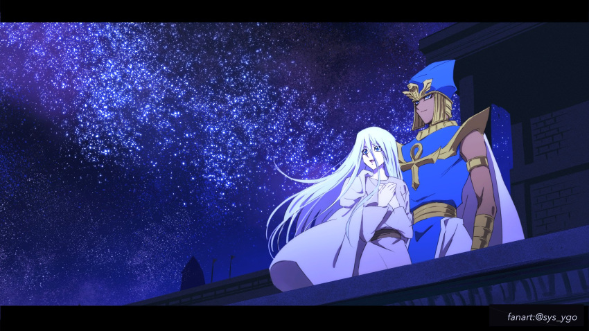 1boy, 1girl, ankh, armlet, bangs, blue_eyes, closed_mouth, commentary_request