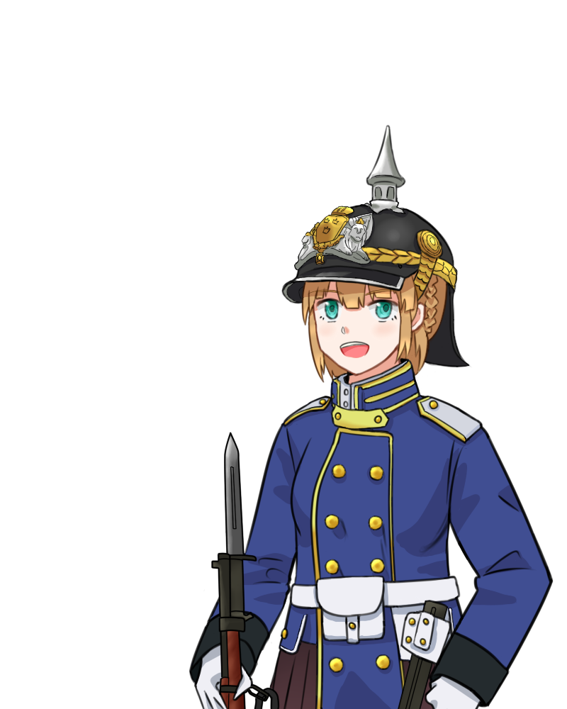 1girl, :d, aqua_eyes, bayonet, belt, belt_pouch, blonde_hair, blue_jacket