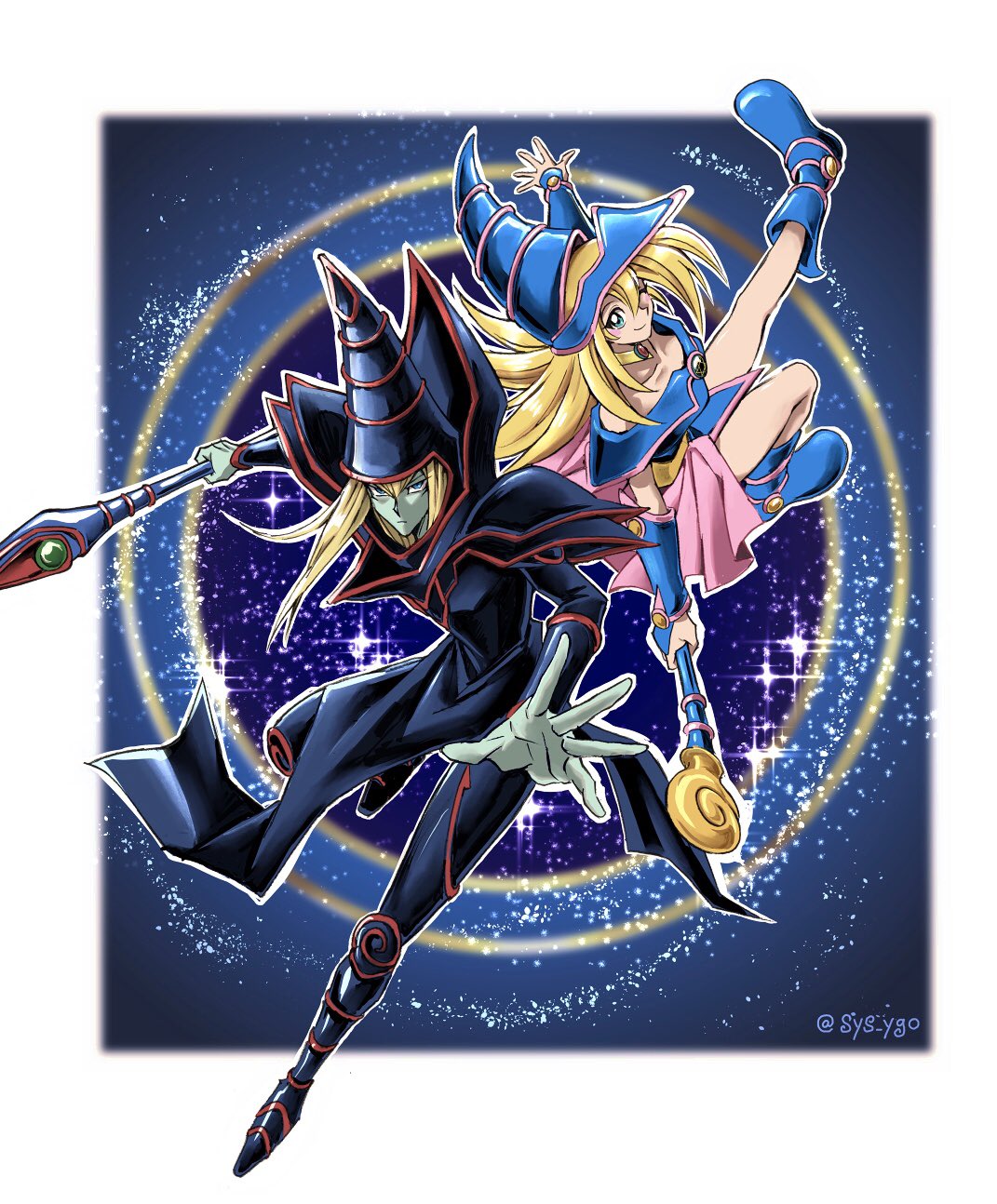 1boy, 1girl, artist_name, bangs, bare_shoulders, black_footwear, blonde_hair, blue_footwear, boots, closed_mouth, colored_skin, commentary_request, dark_magician, dark_magician_girl, duel_monster, green_skin, hat, highres, holding, holding_staff, long_hair, outline, smile, soya_(sys_ygo), sparkle, spread_fingers, staff, wand, watermark, wizard_hat, yu-gi-oh!