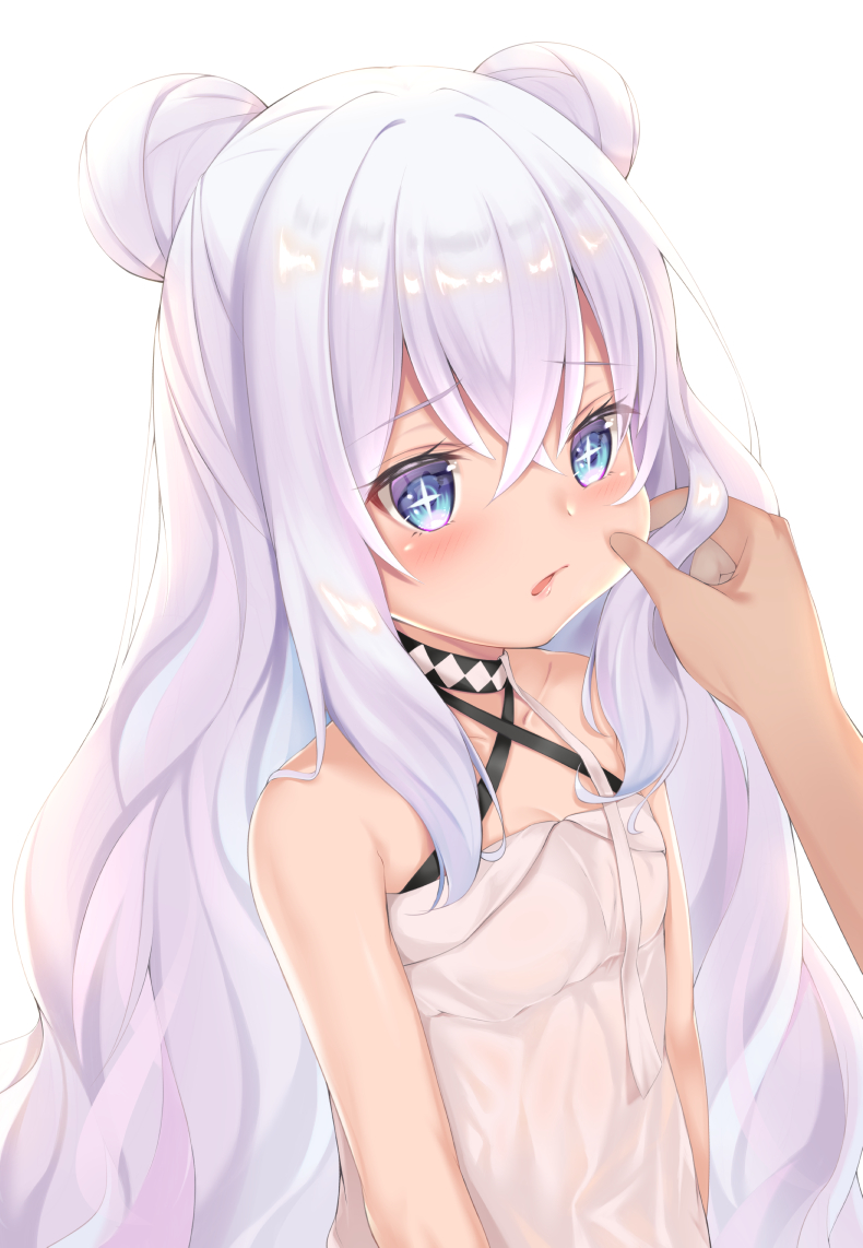 1boy, 1girl, azur_lane, bare_shoulders, blue_eyes, blush, cheek_pinching, cheek_pull