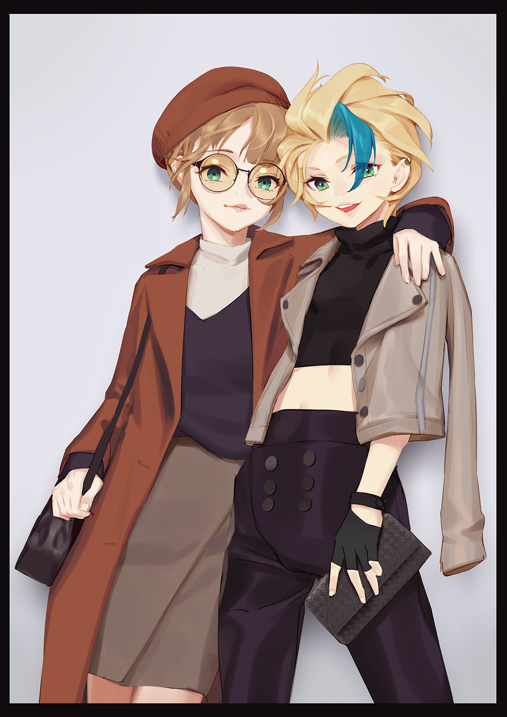 2girls, aqua_eyes, arm_around_shoulder, bag, beige_jacket, beret, black_pants, black_tank_top
