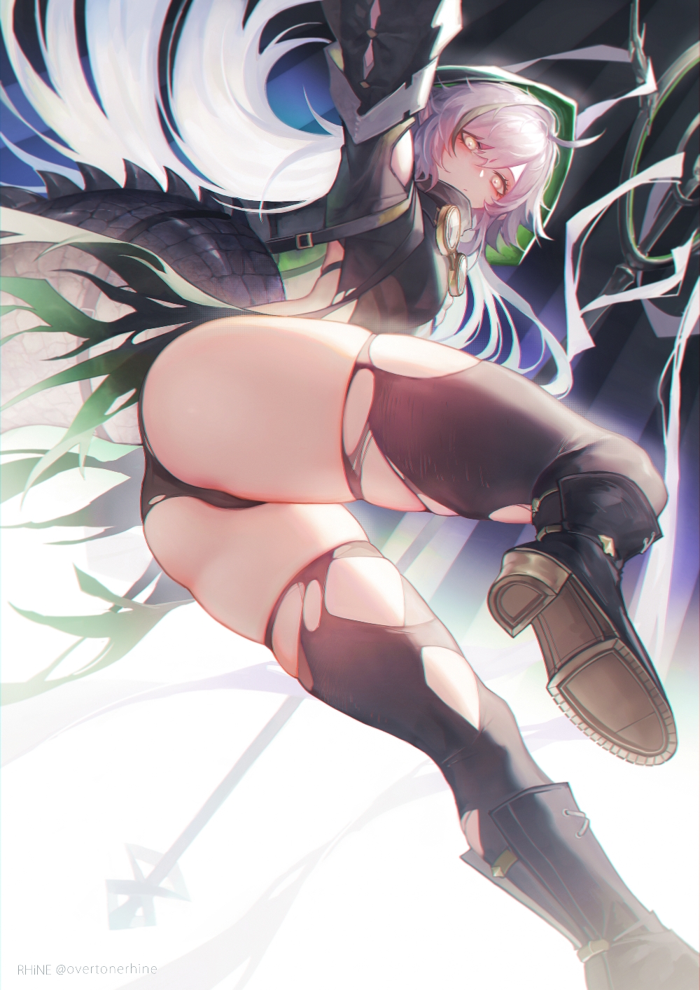 1girl, ahoge, arknights, artist_name, ass, backlighting, bangs, bare_shoulders