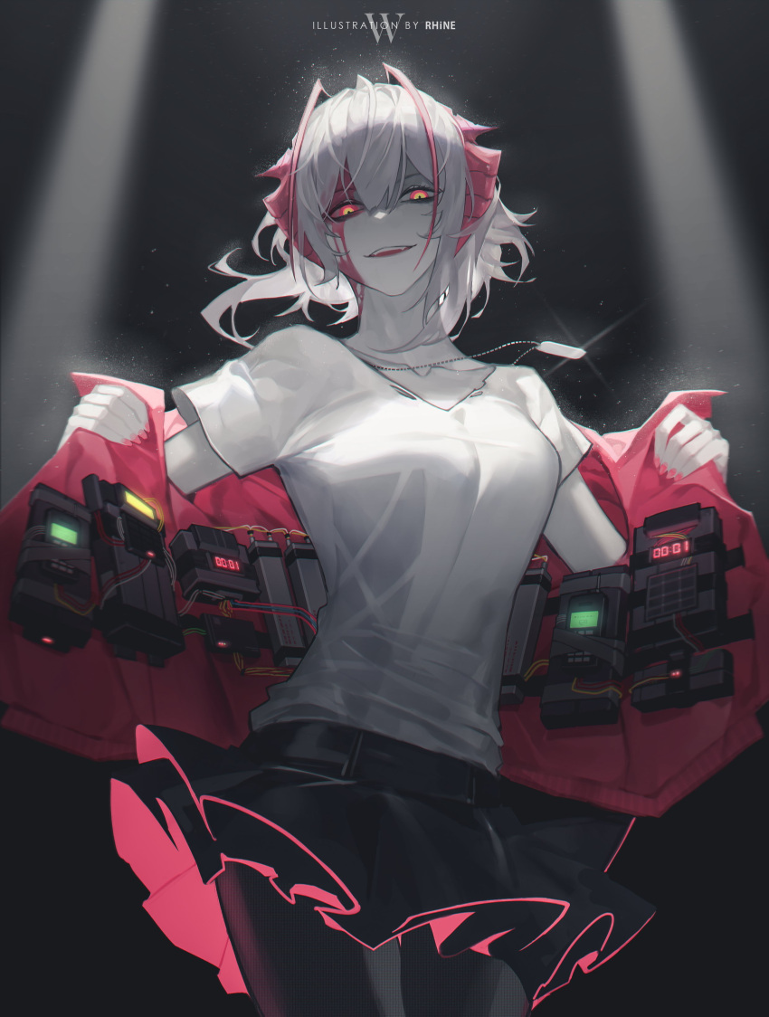 1girl, absurdres, arknights, artist_name, black_background, black_legwear, black_skirt, blood, blood_on_face, bomb, breasts, character_name, collarbone, colored_skin, commentary, contrapposto, dog_tags, english_commentary, evil_smile, explosive, glowing, glowing_eyes, hair_between_eyes, highres, horns, jacket, looking_at_viewer, messy_hair, miniskirt, open_clothes, open_jacket, orange_eyes, pantyhose, parted_lips, red_eyes, red_jacket, red_nails, rhine_(overtonerhine), shirt, short_hair, sidelocks, silver_hair, simple_background, skirt, smile, solo, spotlight, t-shirt, timer, undressing, w_(arknights), white_shirt, white_skin, wire