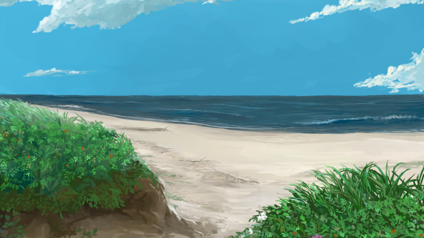 beach, blue_sky, clouds, commentary_request, flower, grass, highres, horizon