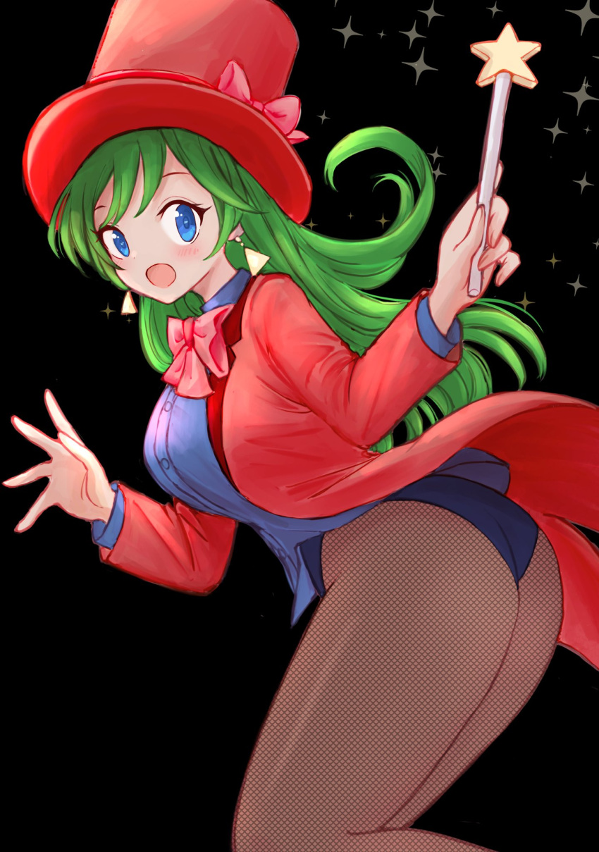 1girl, :d, ass, bangs, black_background, blue_eyes, blue_leotard, blue_shirt, blush, bow, bowtie, breasts, buttons, collared_shirt, commentary_request, dress_shirt, earrings, fishnet_legwear, fishnets, floating_hair, francesca_(pokemon), from_side, green_hair, hands_up, happy, hat, hat_bow, highres, holding, holding_wand, jewelry, kajino_(aosansai), large_breasts, leotard, long_hair, long_sleeves, magician, open_mouth, pantyhose, pink_bow, pink_neckwear, pokemon, pokemon_(anime), pokemon_dp070, pokemon_dppt_(anime), red_headwear, shirt, simple_background, smile, solo, sparkle, tailcoat, top_hat, wand